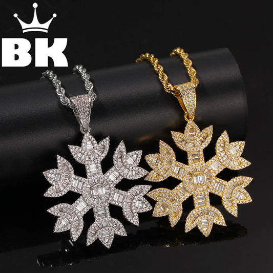 THE BLING KING Christmas Gift Snowflake Pendant Necklace For Men Full Iced Out Baguette Cubic Zirconia Snowfall Charm Jewelry