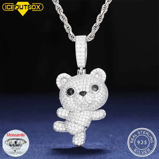 Moissanite Cute Animal Bear Pendant Necklace for Women Girl Iced Out Hip Hop Bling  Jewelry Gift For Men 925 Sterling Silver