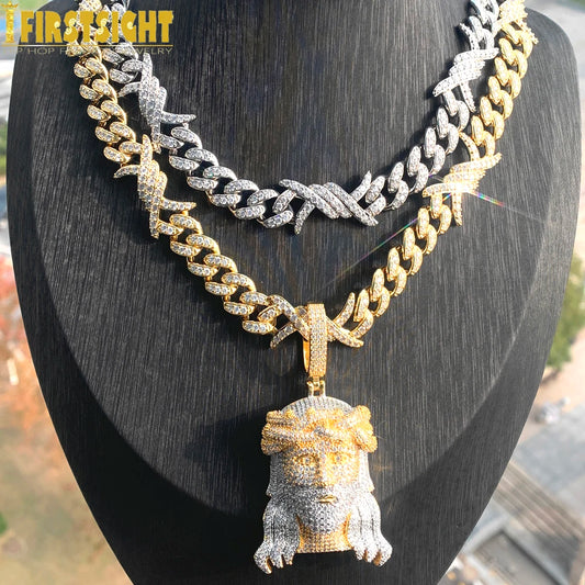 New Luxury Hip Hop Religious Jesus Head Pendant Necklace Iced Out Bling Zircon Faith Charm With Cuban Chain Men's Jewelry