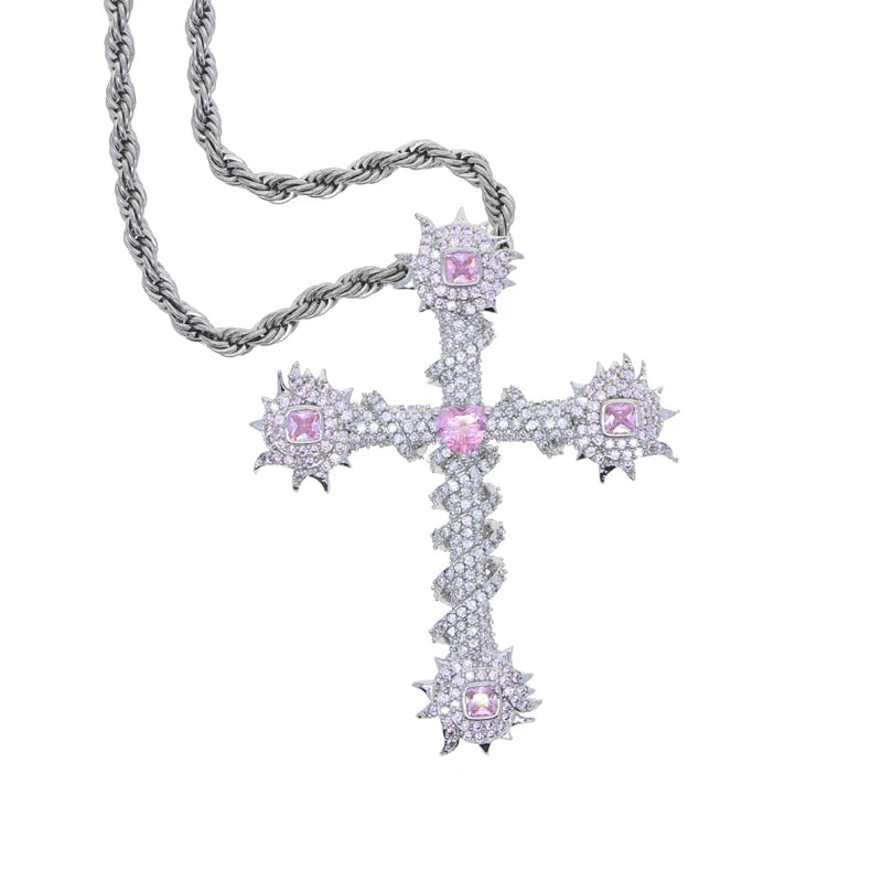 2024 New Thorny Cross Pendant Necklace Iced Out Cz Cubic Zirconia Fashion For Women Men Pink Charm Hip Hop Jewelry