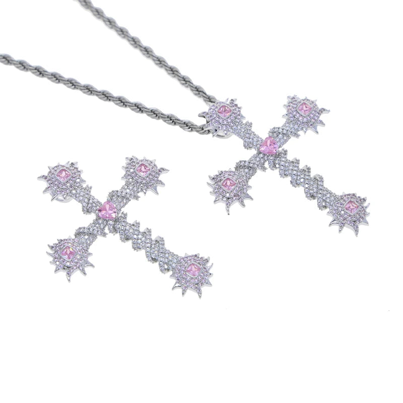 2024 New Thorny Cross Pendant Necklace Iced Out Cz Cubic Zirconia Fashion For Women Men Pink Charm Hip Hop Jewelry