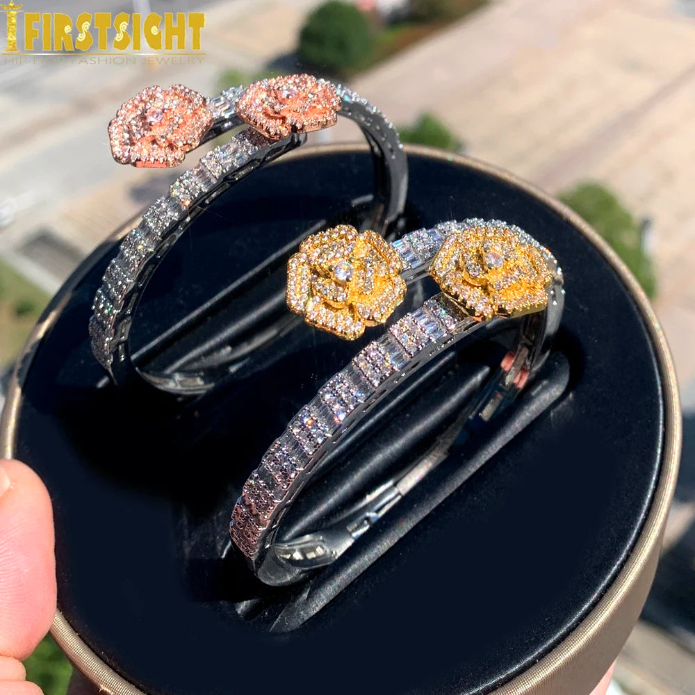 2024 New Iced Out Bling Opened Flower Zircon Charm Bracelet Rectangle AAA CZ Rose Bangle For Men Women Hip Hop Luxury Jewelry