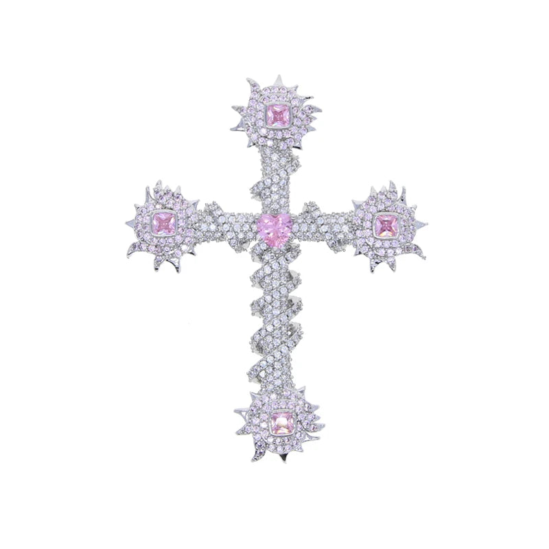 2024 New Thorny Cross Pendant Necklace Iced Out Cz Cubic Zirconia Fashion For Women Men Pink Charm Hip Hop Jewelry