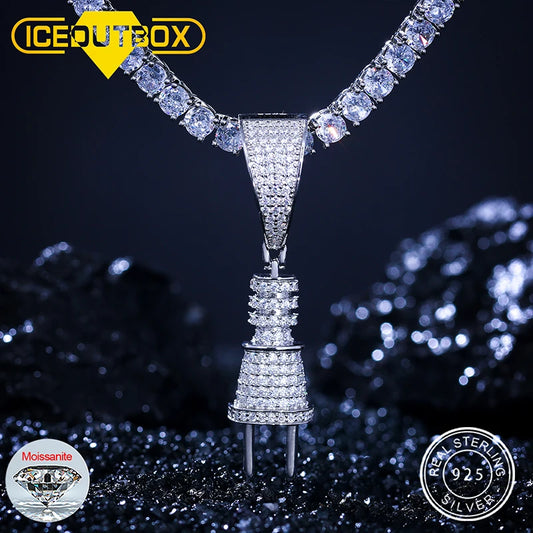 Tiny Iced Out Bling Plug Pendant Necklace 925 Sterling Silver Full Paved VVS Moissanite Hip Hop Classic Cool Jewelry For Men