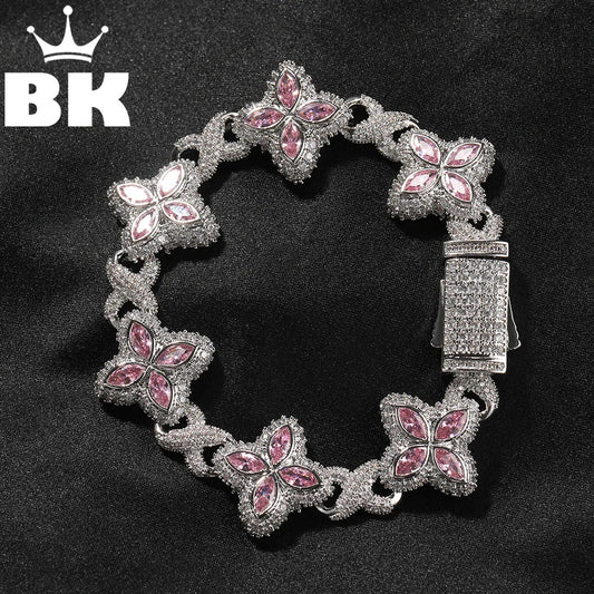 THE BLING KING Iced Out Floral Colored Bracelet For Women 19MM Width Pink Zirconia Clover Infinity Link Chain Lovely Jewelry