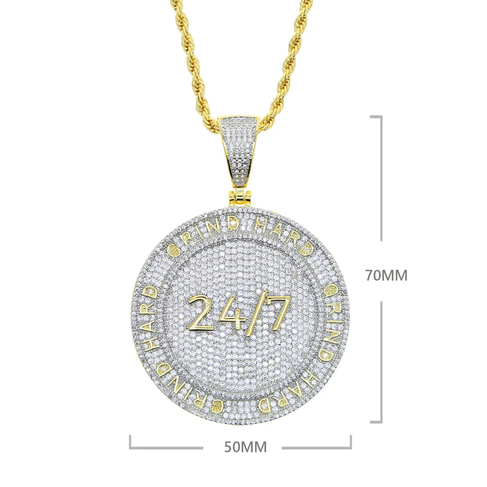 2024 New Iced Out Bling Round Letter Pendant Necklace Gold Color CZ Cubic Zirconia Badge Charm Men Fashion Hip Hop Jewelry