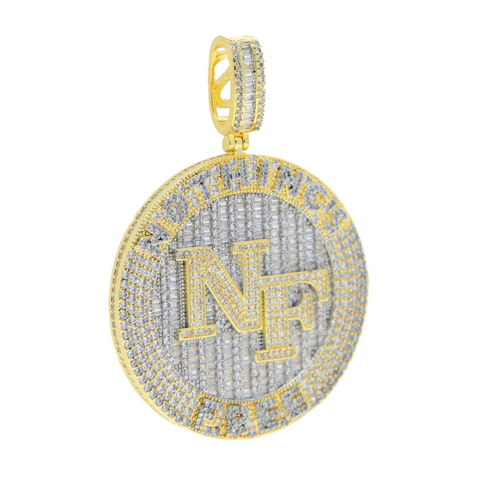 2024 New Iced Out Bling Round Letter Pendant Necklace Gold Color CZ Cubic Zirconia Badge Charm Men Fashion Hip Hop Jewelry