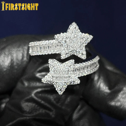 New Iced Out Star Ring Silver Color Bling 5A CZ Zircon Opened Adjust Bright Stars Charm Finger For Women Hiphop Luxury Jewelry