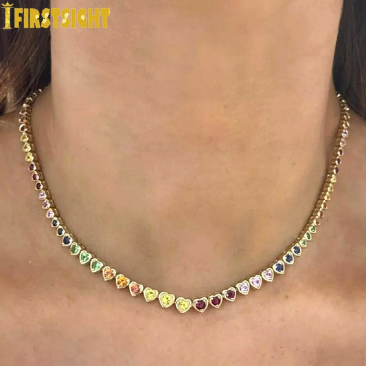 2024 New Rainbow CZ Heart Charm Necklace Gold Color Zircon Tennis Chain Asymmetric Hearts Choker Women Hip Hop Fashion Jewelry