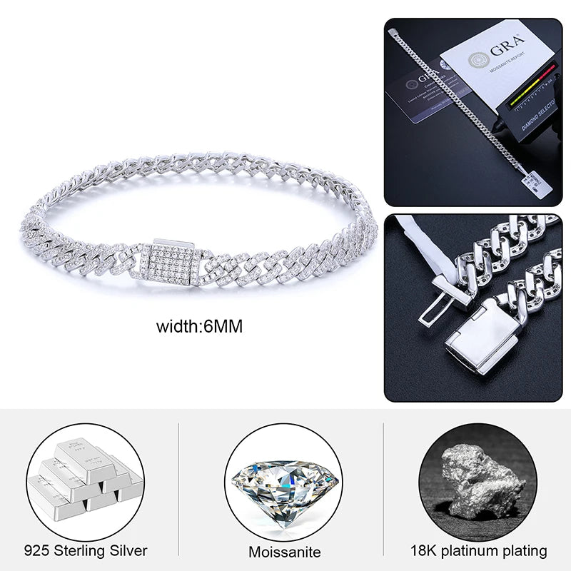 Hip Hop Rock Solid 925 Sterling Silver Created Moissanite Diamonds Cuban Bracelets For Men Women Fine Jewelry Drop shipping 6MM