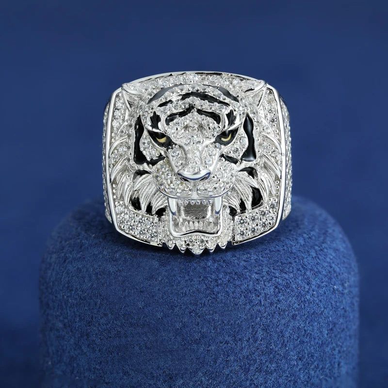 Luxury S925 D VVS Moissanite Lion Head Men's Ring Iced Out Prong Setting Bling Punk Hip Hop Rock Street Party Jewelry Christmas