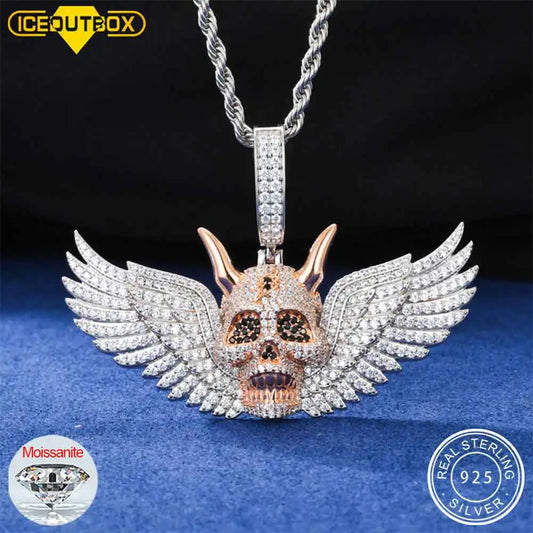 Hip Hop Skull Wing Pendant Necklace Iced Out Bling Punk Trendy Jewelry for Men and Women 925 Sterling Silver Collares Para Mujer