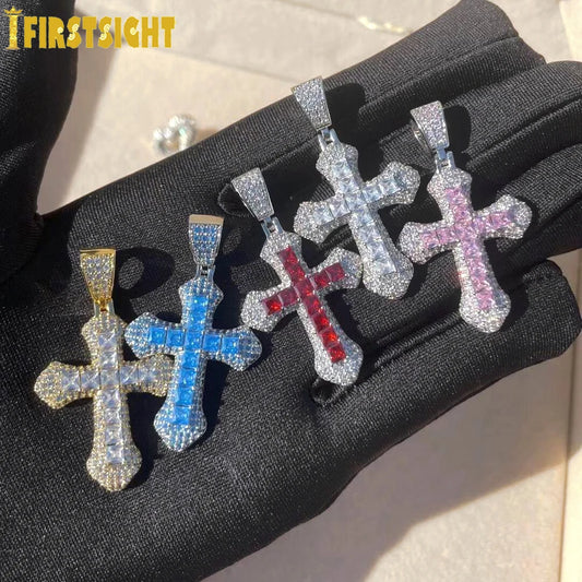 2024 New Iced Out Bling Cross Pendant Necklace Silver Color Cubic Zirconia Blue Pink Charm Choker Hip Hop Men Women Jewelry