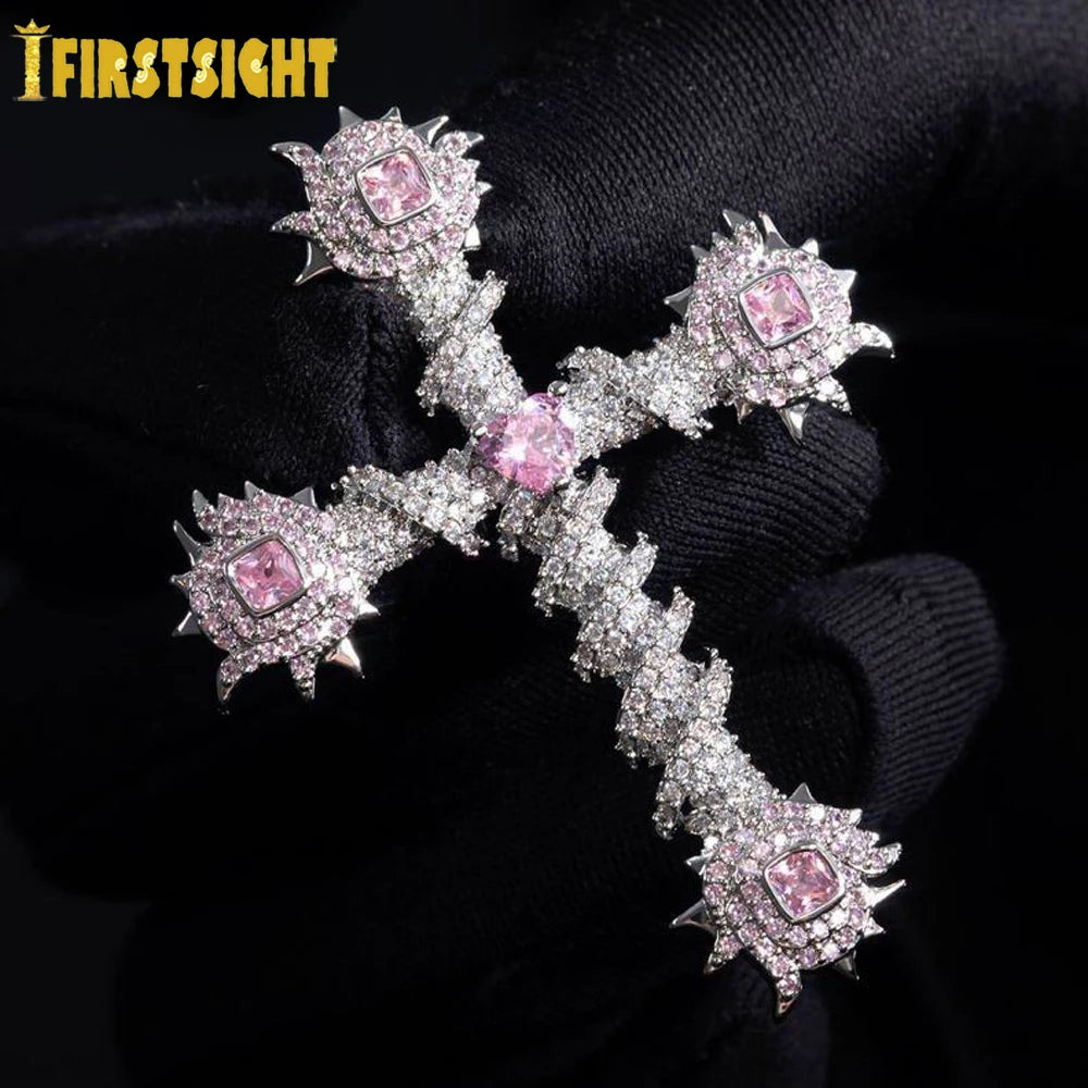 2024 New Thorny Cross Pendant Necklace Iced Out Cz Cubic Zirconia Fashion For Women Men Pink Charm Hip Hop Jewelry