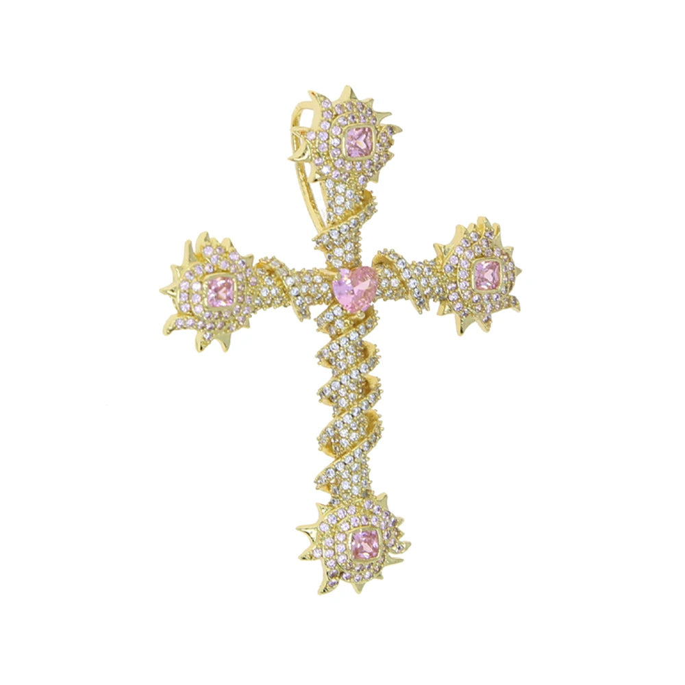 2024 New Thorny Cross Pendant Necklace Iced Out Cz Cubic Zirconia Fashion For Women Men Pink Charm Hip Hop Jewelry