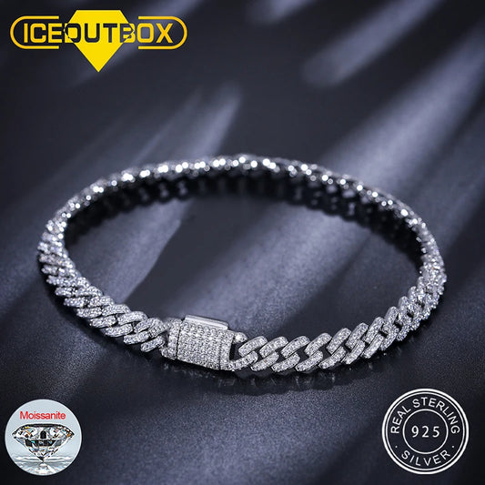 Hip Hop Rock Solid 925 Sterling Silver Created Moissanite Diamonds Cuban Bracelets For Men Women Fine Jewelry Drop shipping 6MM