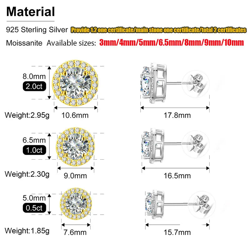 TUHE Unisex VVS1 Moissanite Women Earrings 925 Silver Fine Jewelry Earings 3MM/4MM/5MM Silver 925 Fashion Earrings Women Gift