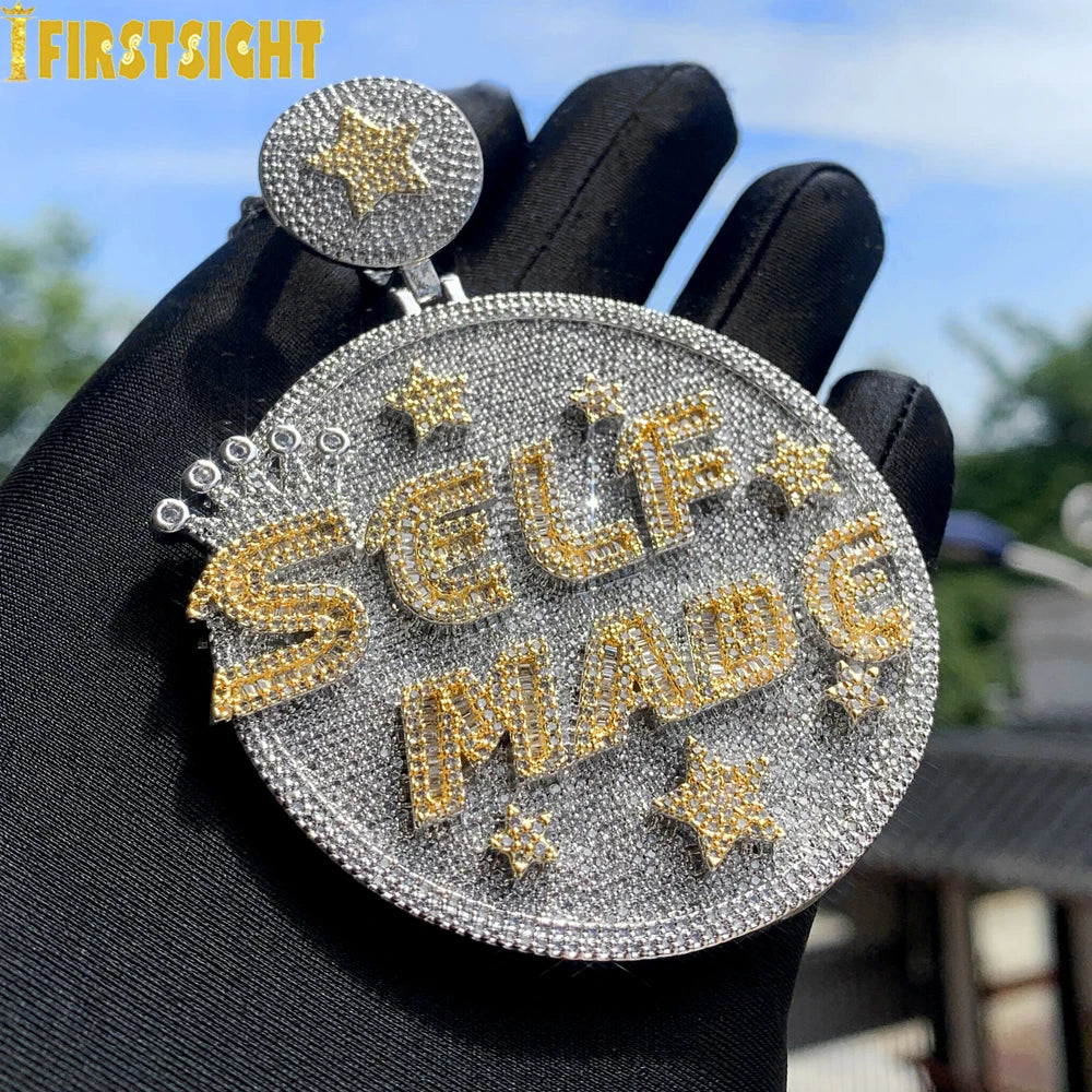 2024 New Iced Out Bling Round Letter Pendant Necklace Gold Color CZ Cubic Zirconia Badge Charm Men Fashion Hip Hop Jewelry