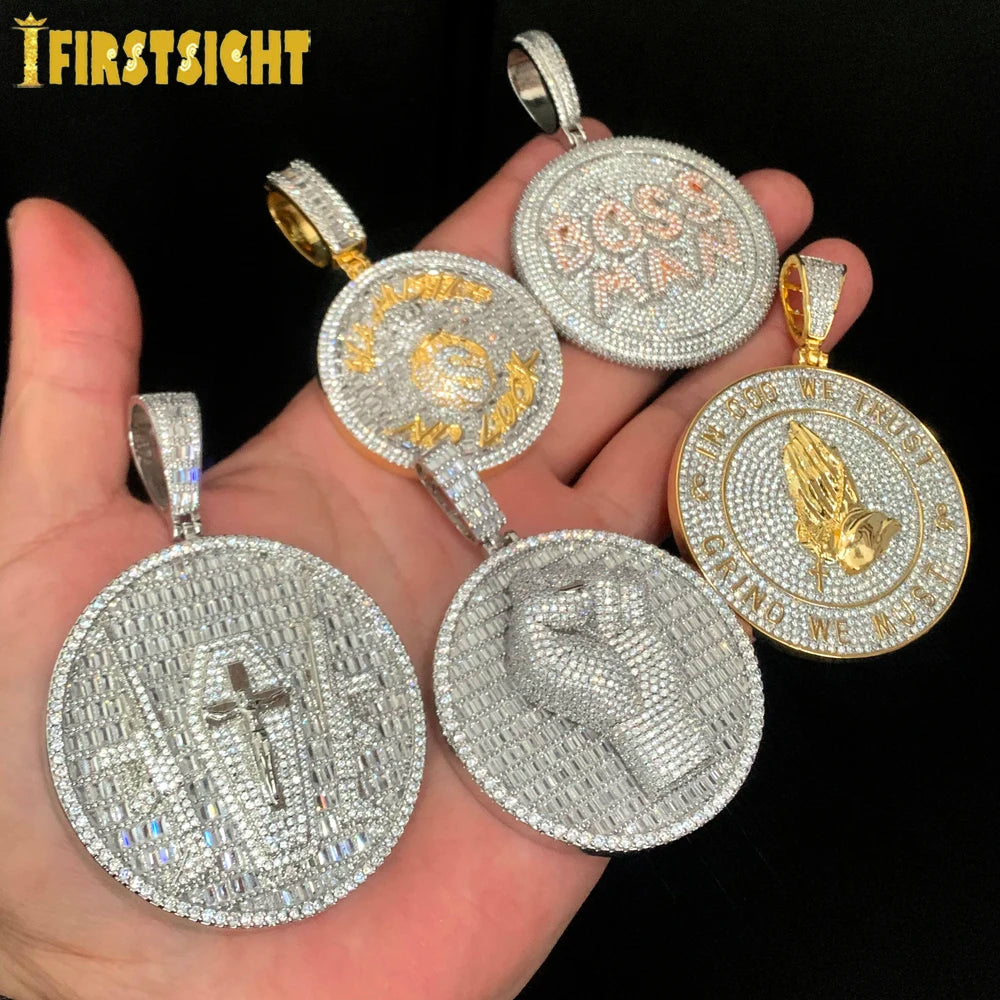 2024 New Iced Out Bling Round Letter Pendant Necklace Gold Color CZ Cubic Zirconia Badge Charm Men Fashion Hip Hop Jewelry