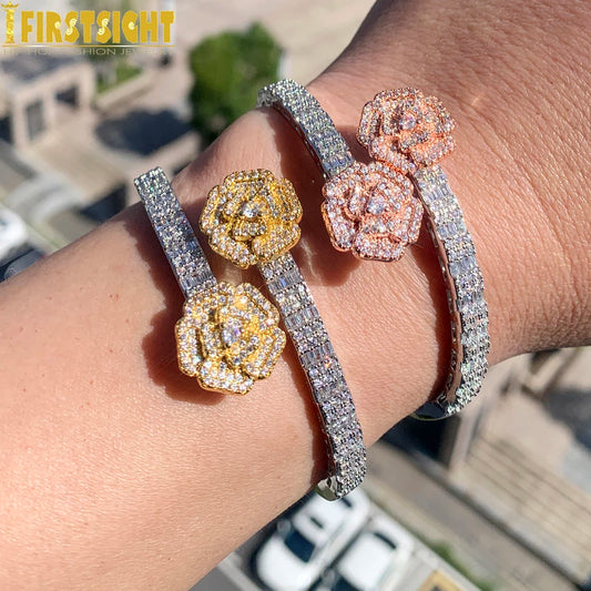 2024 New Iced Out Bling Opened Flower Zircon Charm Bracelet Rectangle AAA CZ Rose Bangle For Men Women Hip Hop Luxury Jewelry