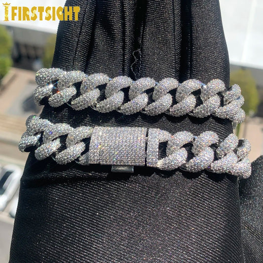 2024 New Bling 15mm Cuban Link Bracelet for Men Women Iced Out Prong Setting Bangle Silver Color Hip Hop Jewelry