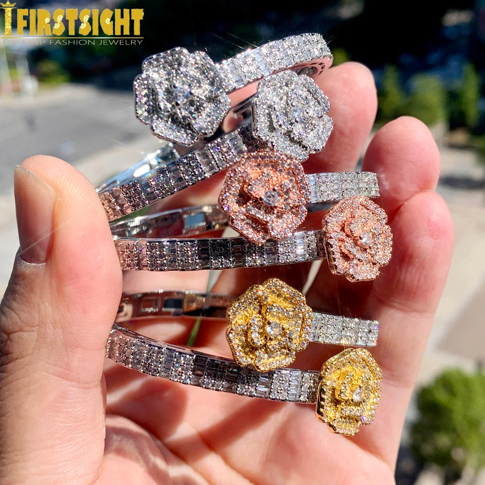 2024 New Iced Out Bling Opened Flower Zircon Charm Bracelet Rectangle AAA CZ Rose Bangle For Men Women Hip Hop Luxury Jewelry