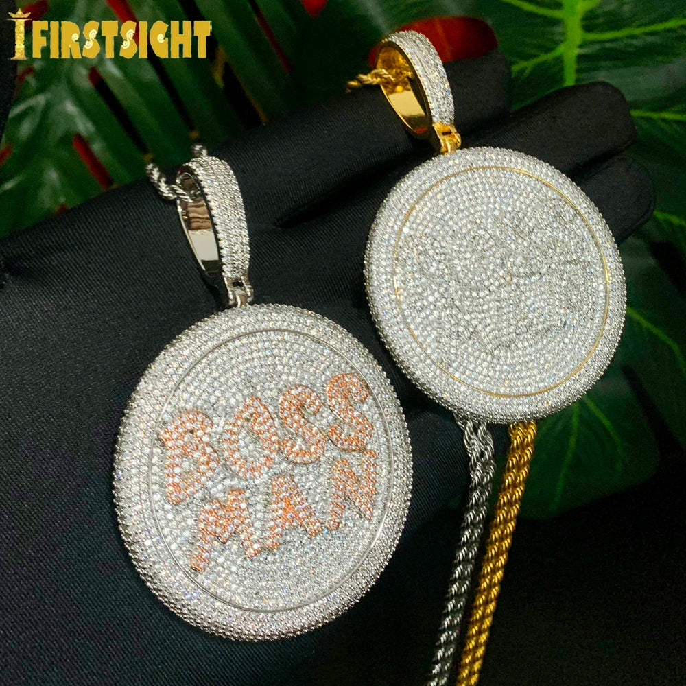 2024 New Iced Out Bling Round Letter Pendant Necklace Gold Color CZ Cubic Zirconia Badge Charm Men Fashion Hip Hop Jewelry