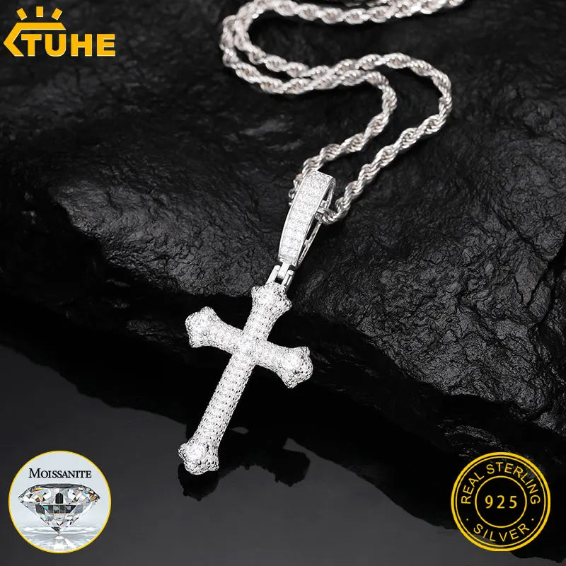 TUHE Unisex S925 Cross Pendant Necklace Iced Out Moissanite Gold Silver Color Charm For Men Hip Hop Fine Jewelry