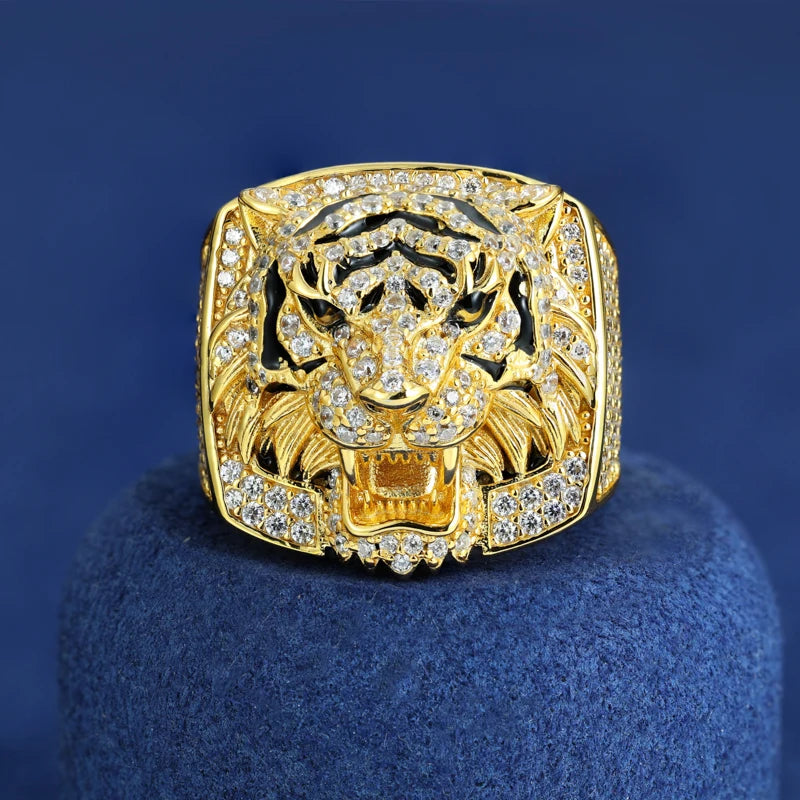 Luxury S925 D VVS Moissanite Lion Head Men's Ring Iced Out Prong Setting Bling Punk Hip Hop Rock Street Party Jewelry Christmas