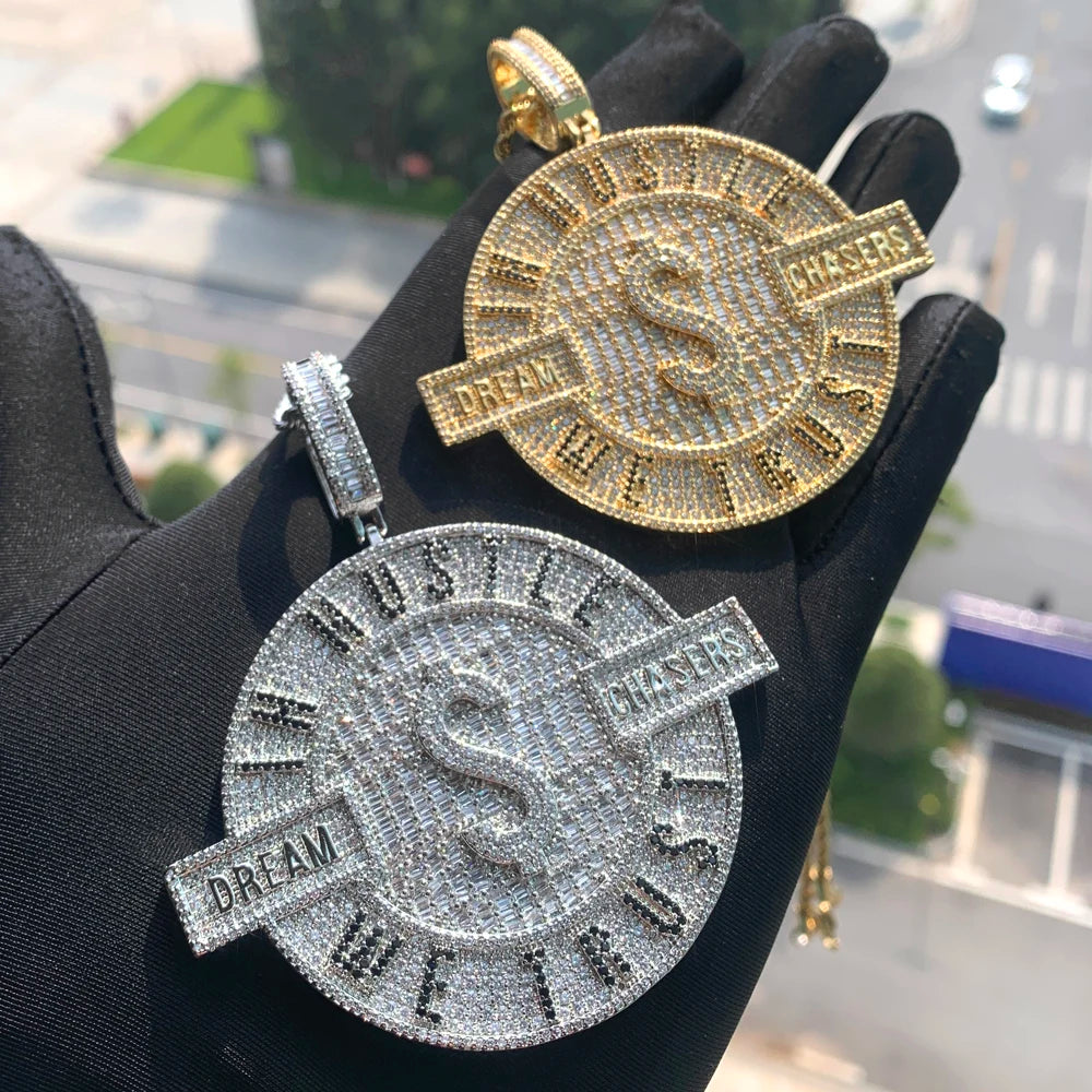 2024 New Iced Out Bling Round Letter Pendant Necklace Gold Color CZ Cubic Zirconia Badge Charm Men Fashion Hip Hop Jewelry