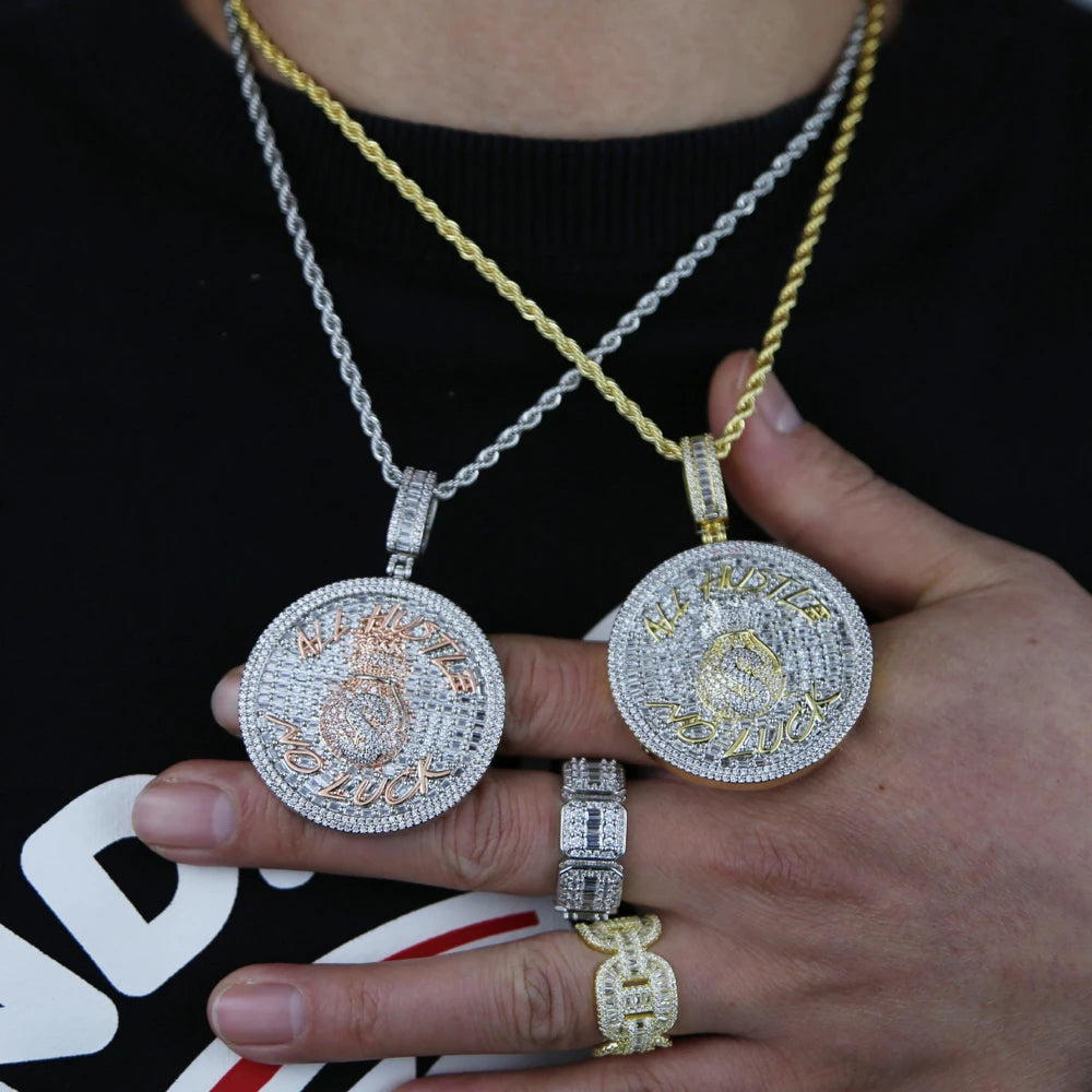 2024 New Iced Out Bling Round Letter Pendant Necklace Gold Color CZ Cubic Zirconia Badge Charm Men Fashion Hip Hop Jewelry