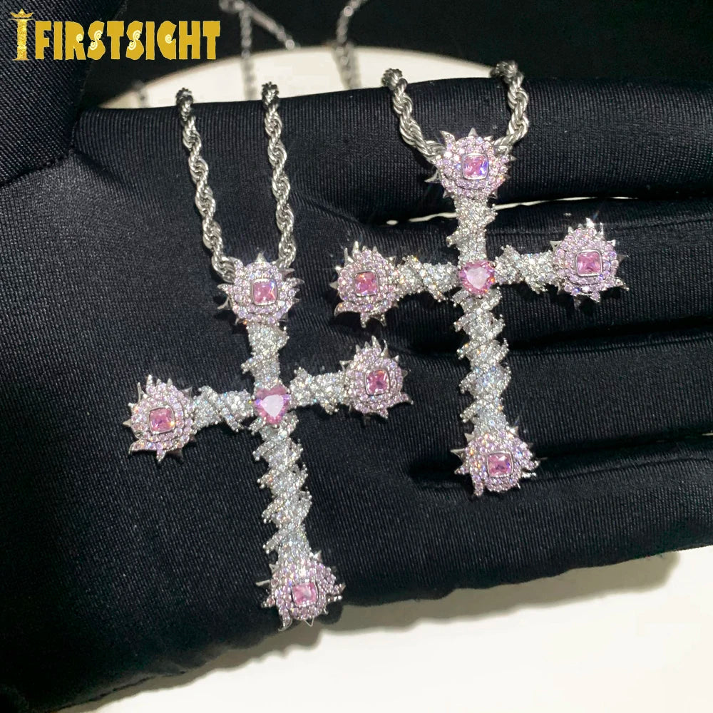 2024 New Thorny Cross Pendant Necklace Iced Out Cz Cubic Zirconia Fashion For Women Men Pink Charm Hip Hop Jewelry