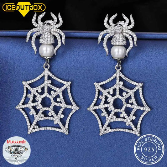 Personality Design Moissanite Spider Drop Earrings For Women Punk Gothic 925 Sterling Silver Female Unique Ear Hip Hop Jewelry