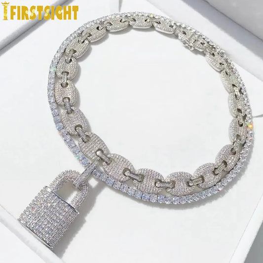 Silver Color CZ Lock Pendant Necklace 5mm Tennis Chain Iced Out Bling Cubic Zircon Charm Choker For Men Women Hip Hop Jewelry