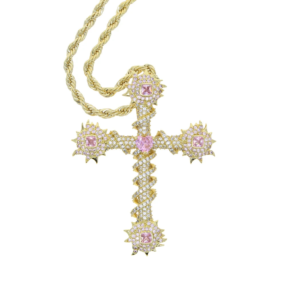 2024 New Thorny Cross Pendant Necklace Iced Out Cz Cubic Zirconia Fashion For Women Men Pink Charm Hip Hop Jewelry