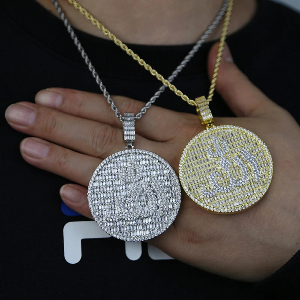 2024 New Iced Out Bling Round Letter Pendant Necklace Gold Color CZ Cubic Zirconia Badge Charm Men Fashion Hip Hop Jewelry