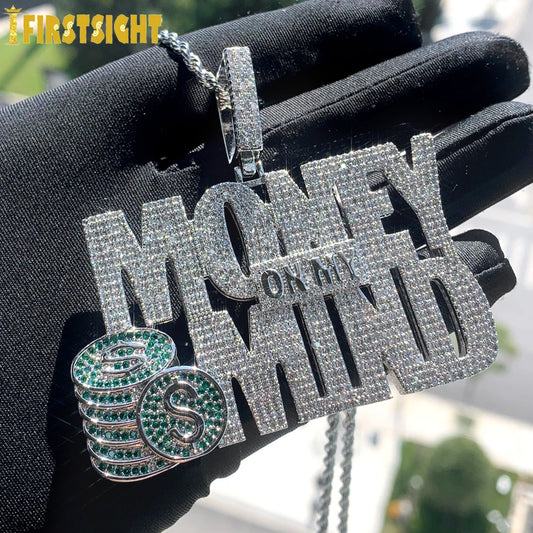 New Letters Money On My Mind Pendant Necklace Gold Color Iced Out Bling CZ Cubic Zirconia Rich Charm Men Hip Hop Jewelry