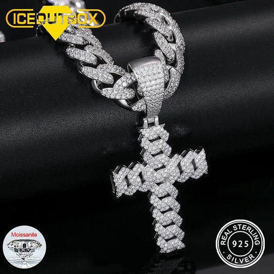 12mm Cuban Chain Men Women Hip Hop Cross Pendant Necklace D VVS Moissanite Iced Out Bling 925 Sterling Silver Necklaces Jewelry