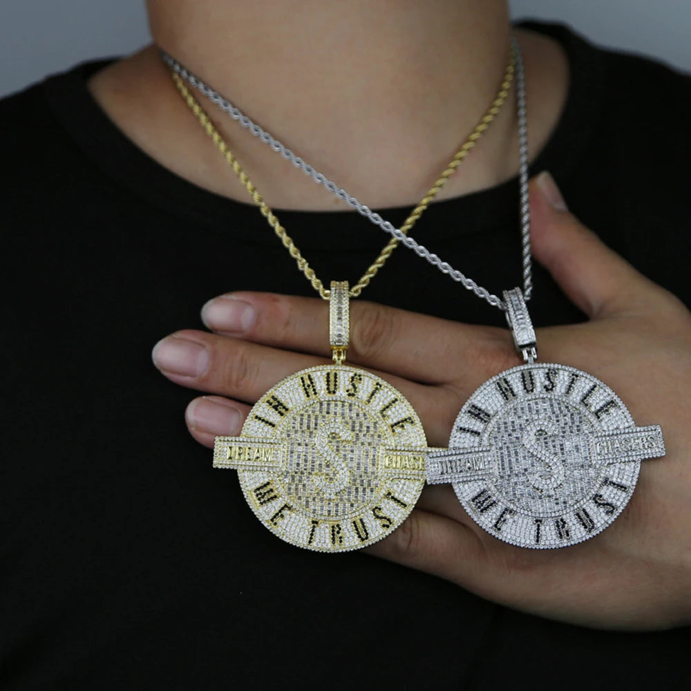 2024 New Iced Out Bling Round Letter Pendant Necklace Gold Color CZ Cubic Zirconia Badge Charm Men Fashion Hip Hop Jewelry