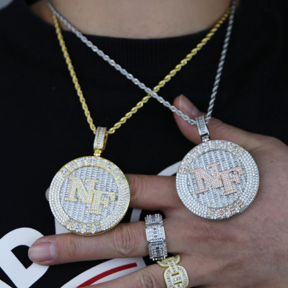 2024 New Iced Out Bling Round Letter Pendant Necklace Gold Color CZ Cubic Zirconia Badge Charm Men Fashion Hip Hop Jewelry