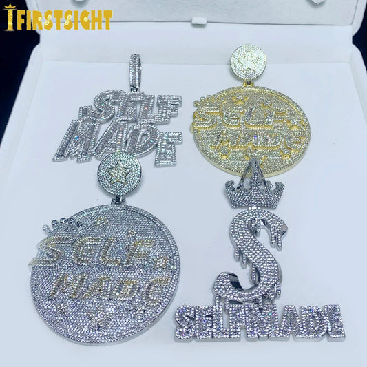 New Letter Self Made Pendant Necklace For Men Iced Out Prong Setting Cubic Zirconia Royal Crown Badge Charm Hip Hop Jewelry