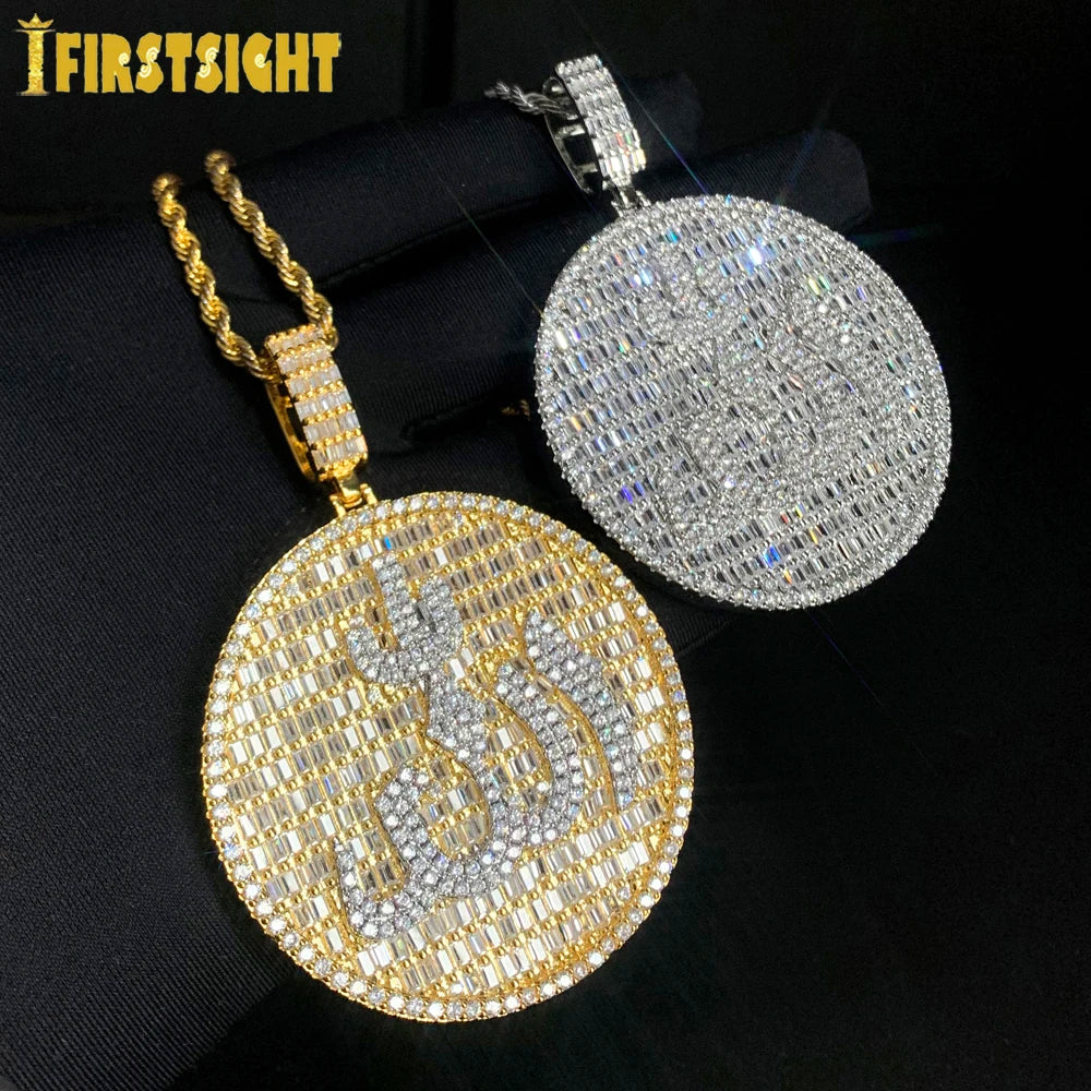 2024 New Iced Out Bling Round Letter Pendant Necklace Gold Color CZ Cubic Zirconia Badge Charm Men Fashion Hip Hop Jewelry