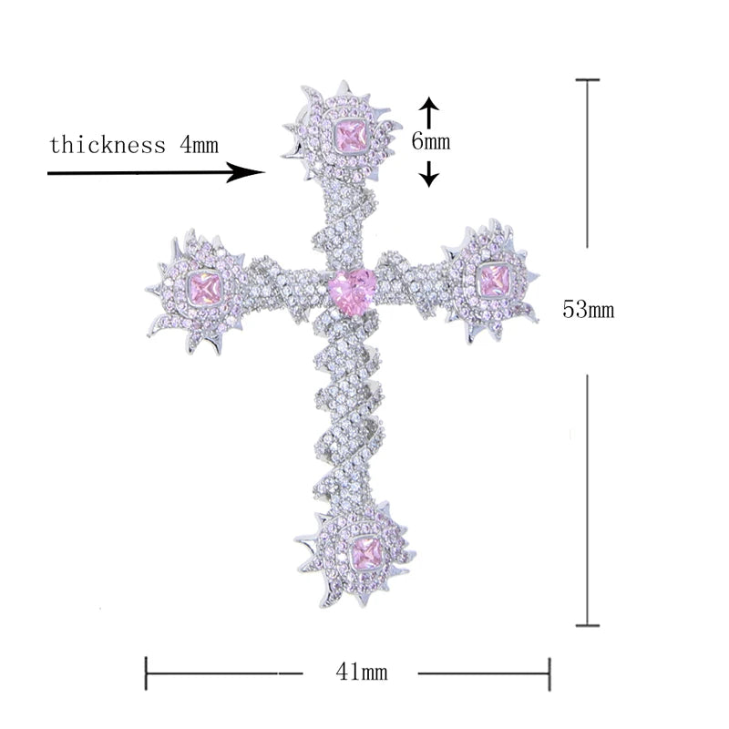 2024 New Thorny Cross Pendant Necklace Iced Out Cz Cubic Zirconia Fashion For Women Men Pink Charm Hip Hop Jewelry